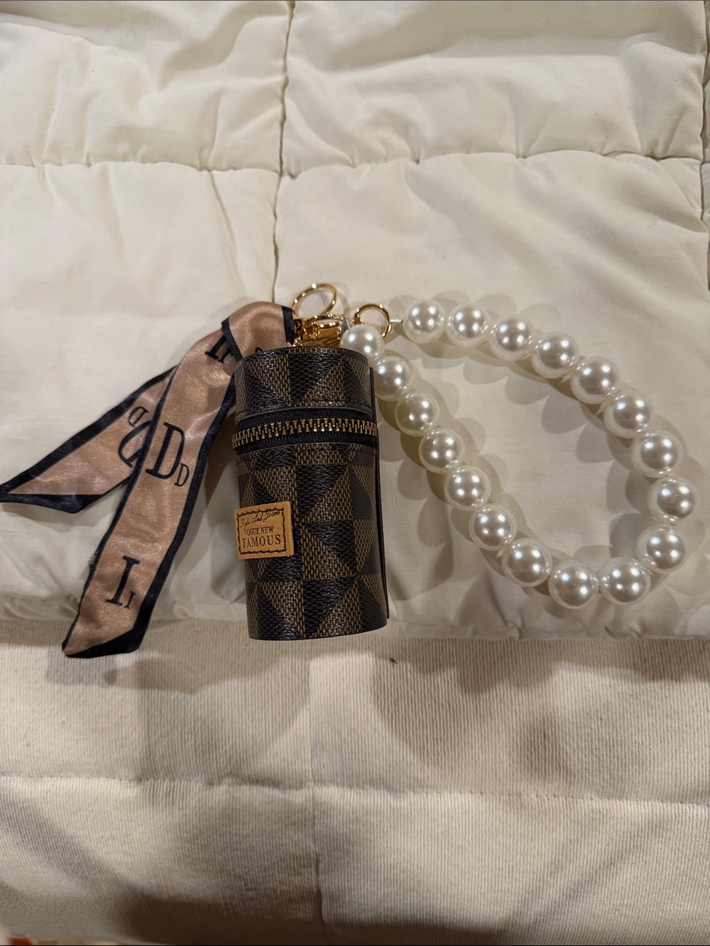 Vogue Brown Geometric Mini Pouch with Pearl Beaded Wristlet Bag Charm